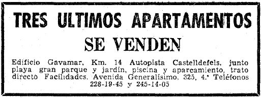 Anunci dels apartaments GAVAMAR de Gav Mar publicat al diari LA VANGUARDIA (17 de Febrer de 1966)